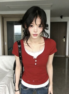 韩系辣妹红色假两件蕾丝花边短袖女装夏季新款修身短款显瘦小上衣