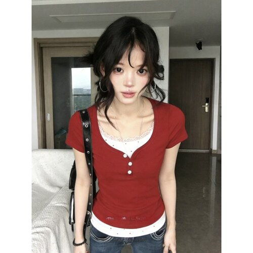 【宋正恩】辣妹红色假两件短袖女