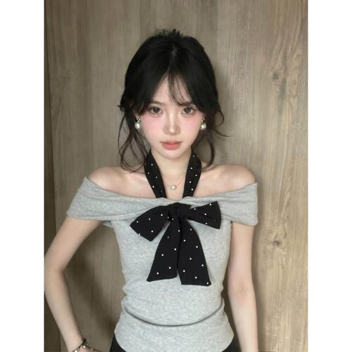 【宋正恩】挂脖一字肩短袖t恤女