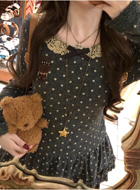 韩系蝴蝶结波点蕾丝拼接长袖T恤女早春季刺绣小个子修身百搭上衣