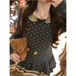 百搭上衣 刺绣小个子修身 韩系蝴蝶结波点蕾丝拼接长袖 T恤女早春季