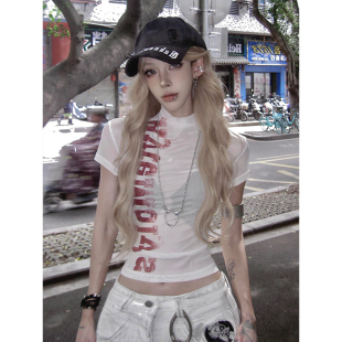 美式字母印花短袖t恤女夏季2025新款修身正肩半高领辣妹微透上衣