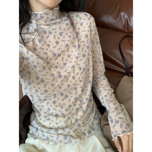 韩系叠穿碎花微透蕾丝长袖 简约百搭显瘦内搭打底上衣 T恤女早春季