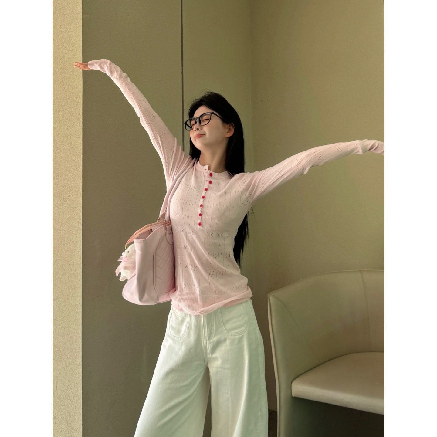 甜美软糯半开领长袖针织衫上衣女