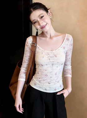 甜美小碎花蕾丝镂空长袖打底衫T恤女夏季辣妹修身显瘦外穿上衣潮