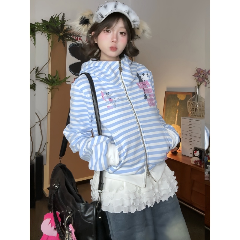 古早感条纹帽衫外套轻亚比上衣