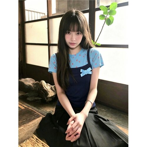 【Pinksoya】假两件碎花短袖T恤