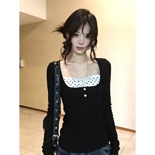 显瘦内搭打底上衣ins 设计感修身 波点蕾丝拼接假两件长袖 T恤女春季