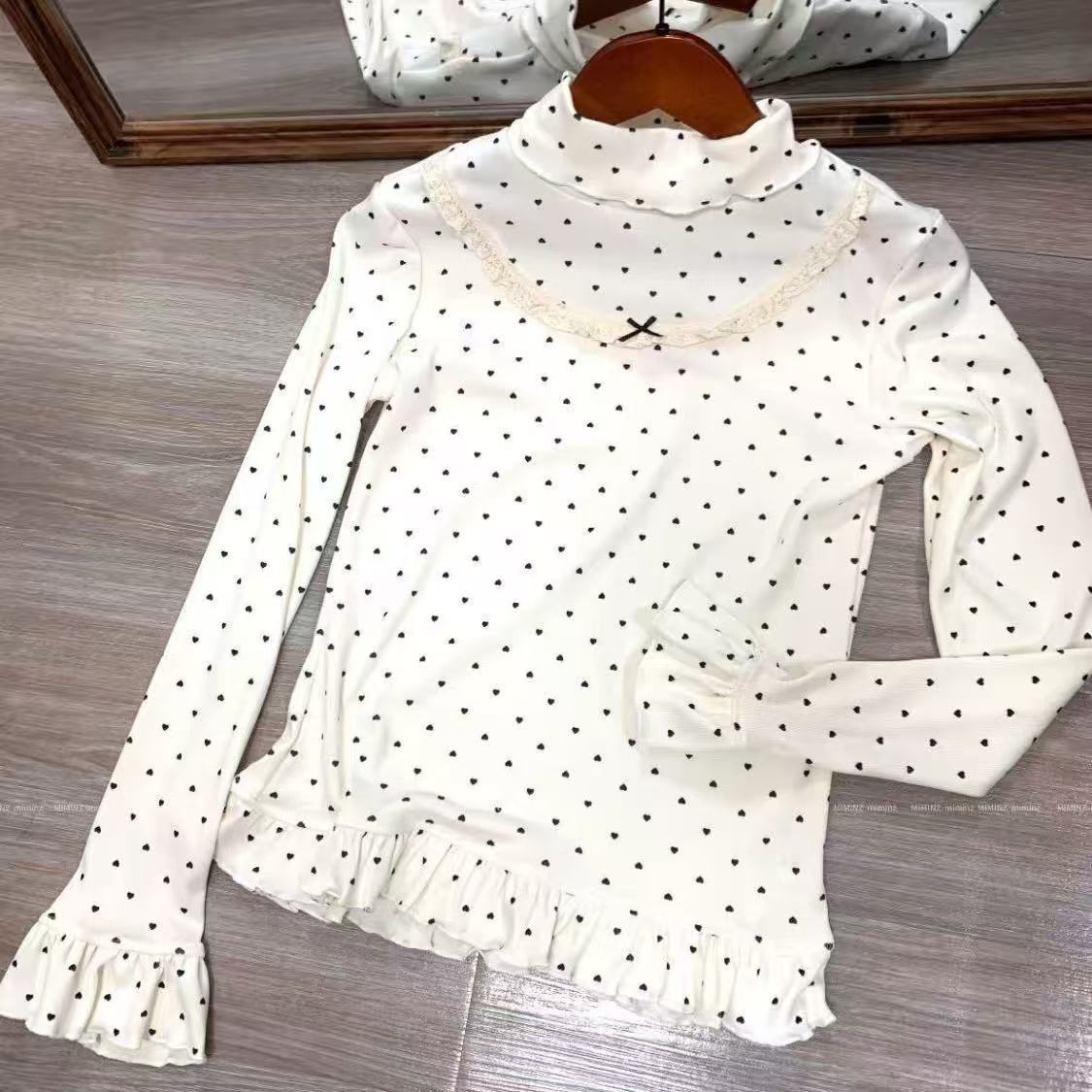 春秋季高领爱心波点印花T恤女装