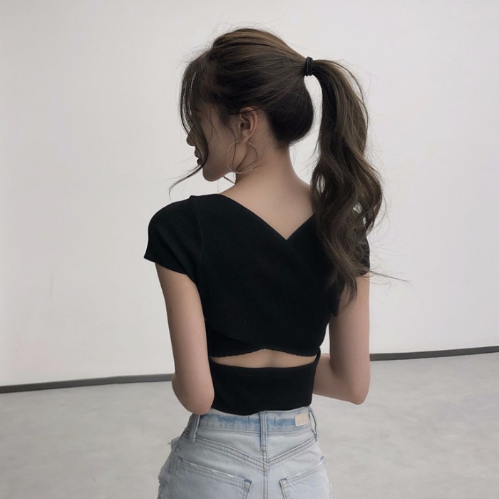 性感露脐紧身上衣女春夏季新款港味复古V领缕空短袖针织打底衫T恤