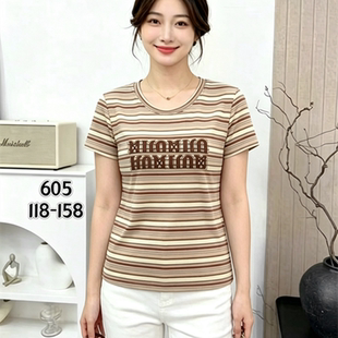 2026夏新款时尚圆领字母印花色织彩棉条纹短袖T恤女重工休闲上衣