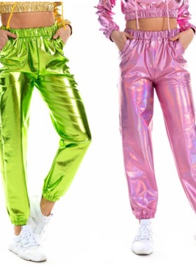 女士嘻哈舞蹈表演服漆皮镭射光面长裤加大码宽松粉绿色亮面仿皮裤