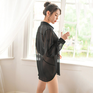 透气防晒衫 女士性感半透明雪纺衬衫 薄款 衬衣中长款 加大号宽松长袖