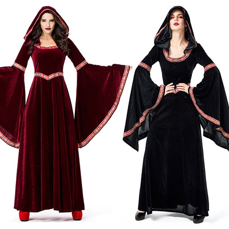 万圣节女巫师长袍欧美中世纪宫廷法师cosplay喇叭袖连衣拖地长裙