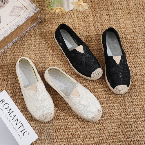 夏季新款老北京布鞋网面渔夫鞋女平底一脚蹬透气百搭懒人鞋休闲鞋