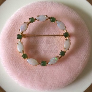 西洋收藏首飾別針 美國(guó)14K包金玫瑰花胸花 玫瑰花胸針鑲嵌和田玉