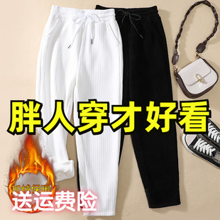 女宽松胖mm遮肚显瘦休闲老爹裤 秋冬新款 加绒加厚哈伦裤 女装 子 大码
