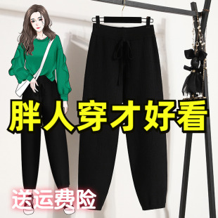 春季新款系带针织毛线哈伦裤女遮肉显瘦大码胖mm加厚休闲萝卜裤子