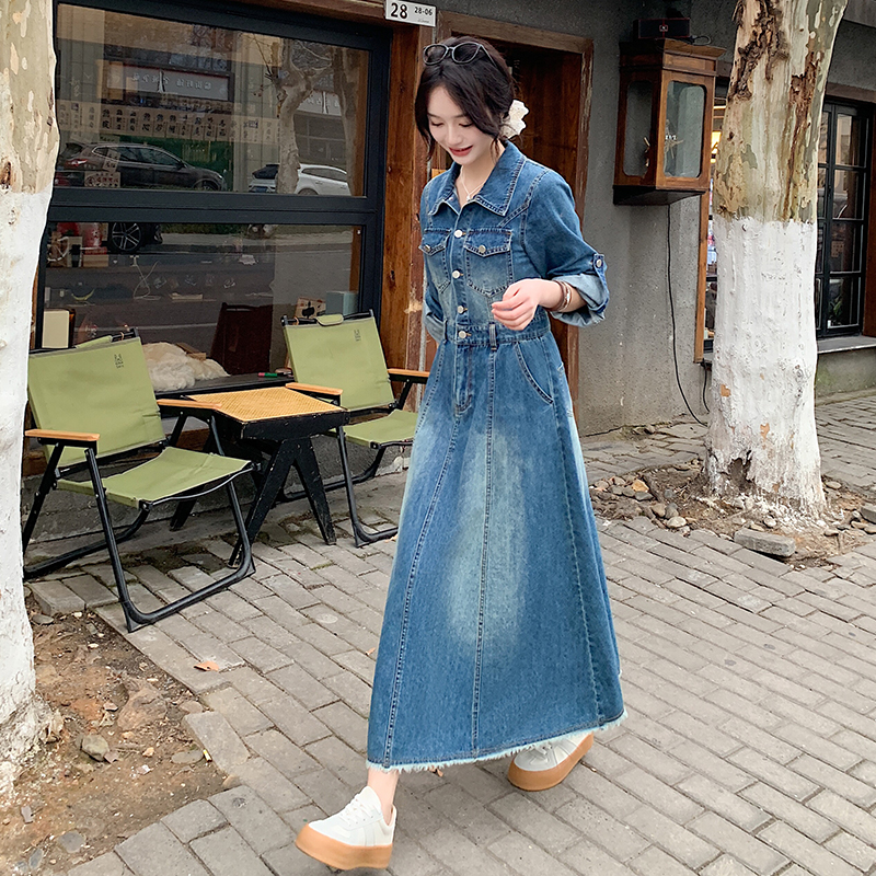 秋冬新款大码长袖牛仔连衣裙女胖MM宽松遮跨显瘦气质衬衫中长款裙