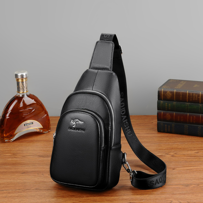 正品袋鼠头层牛皮胸包男士真皮单肩斜挎包包潮流休闲胸前小背包