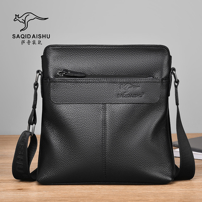 正品袋鼠单肩斜跨包男头层牛皮包