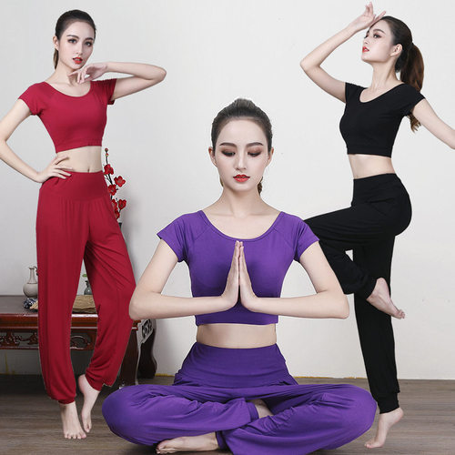 夏季专业莫代尔健身瑜伽服性感短袖女显瘦灯笼裤套装轻薄运动紧身