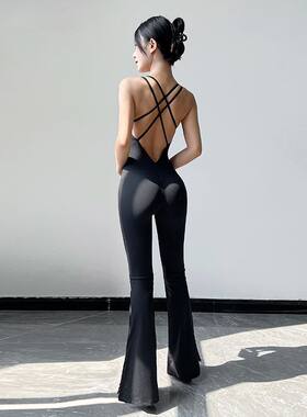 优雅形体舞蹈练功服带胸垫美背瑜伽连体衣吊带长裤喇叭裤连体套装