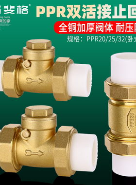 PPR止回阀铜卧立式双活接单向阀逆止自来水管表4/6分DN20/25热熔