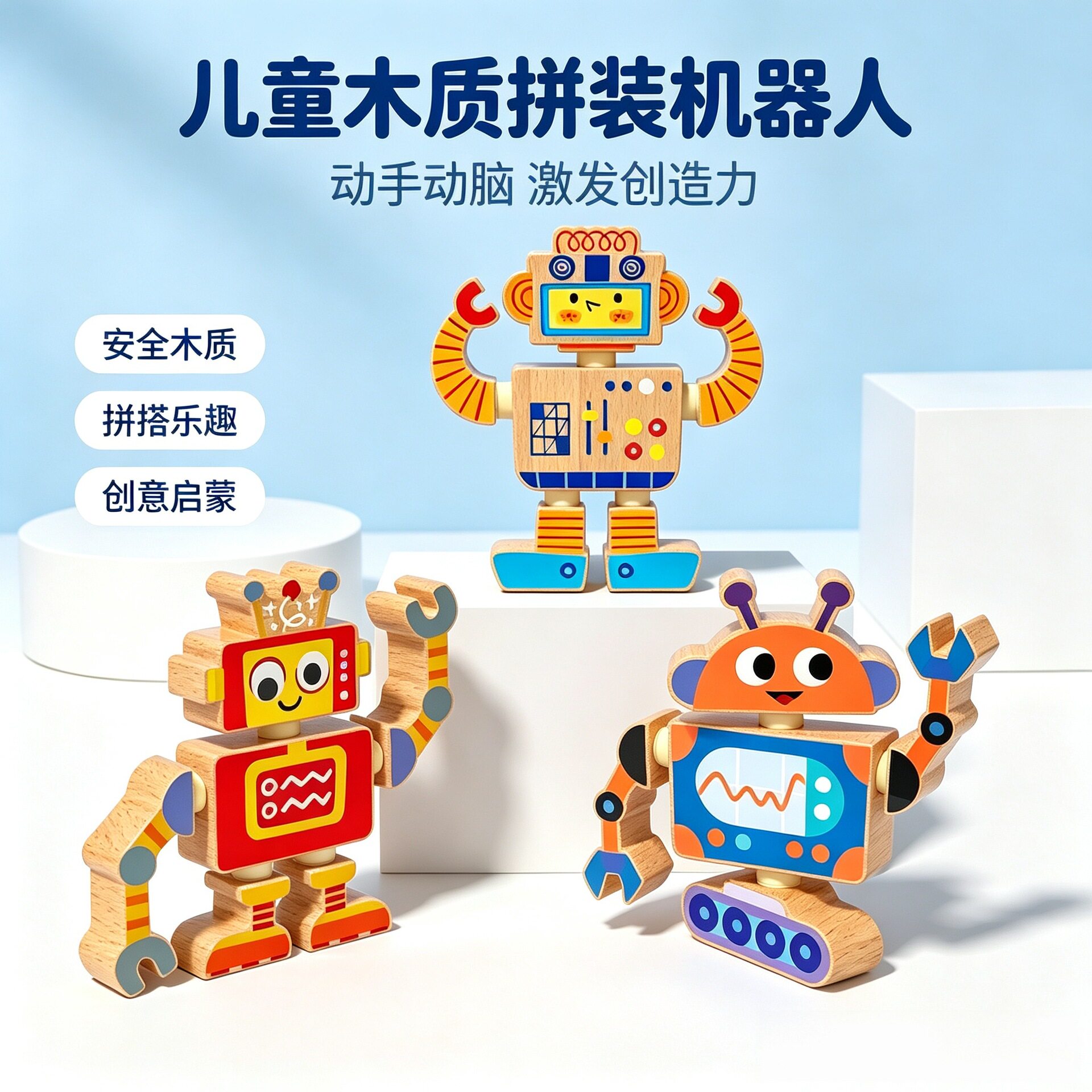 木制拼装积木机器人百变造型创意儿童搭建套装拼插拼装益智玩具