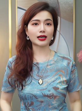 欧货圆领正肩高级感蓝色晕染短袖女2026夏季新款洋气减龄百搭上衣