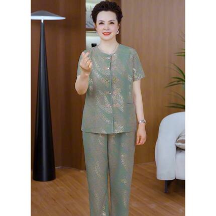 中老年妈妈夏季新中国风短袖天丝棉时髦印花奶奶衬衫时尚减龄套装
