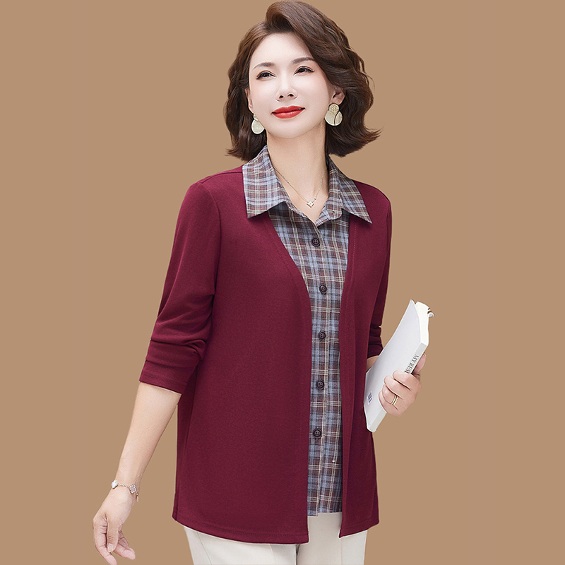 妈妈春装假两件衬衫2026新款洋气中老年女装时尚休闲翻领上衣套装