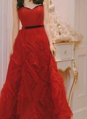 marchesa notte红色玫瑰礼服裙小红裙红色花朵连衣裙敬酒服