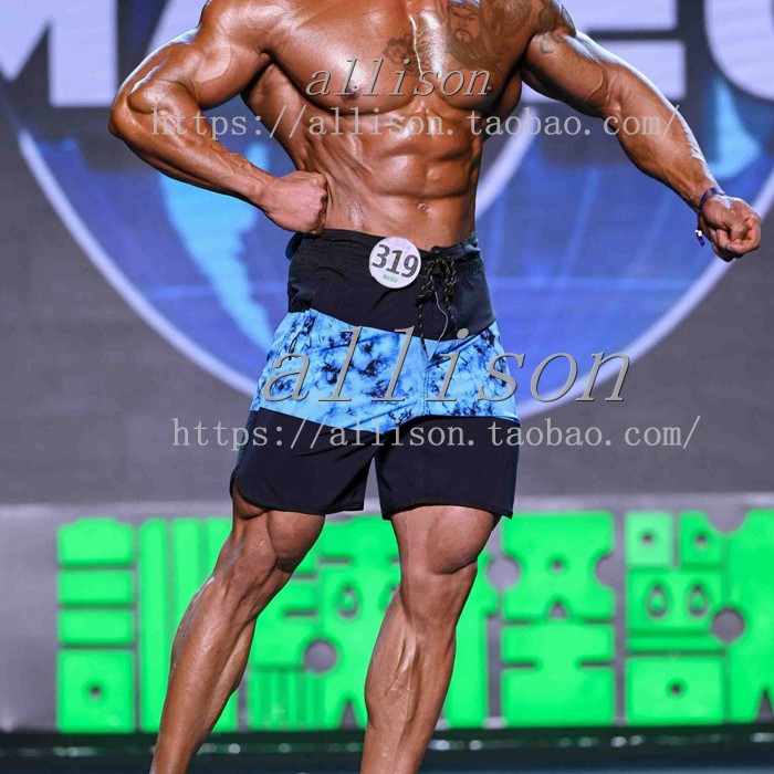 男士健体比赛沙滩裤速干 蓝色冲浪裤运动短裤 夏季短款五分裤宽松