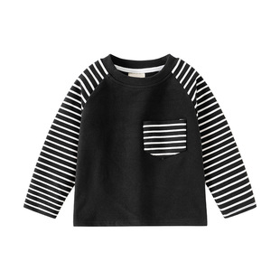 长袖 三折品牌撤柜童装 加厚打底条纹拼袖 韩版 T恤 中小男童秋冬新款