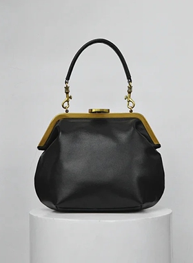 CoinQian 摩登复古 真皮口金手提包玄瑛黑/珍珠白/栗色 斜跨 单肩