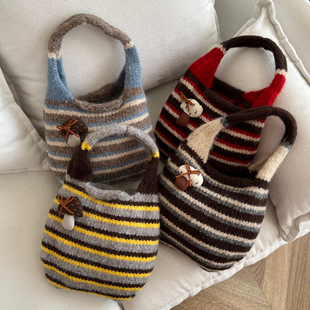 韩系复古撞色条纹针织小包包手提包2025秋冬新款 可爱小蘑菇手拎包