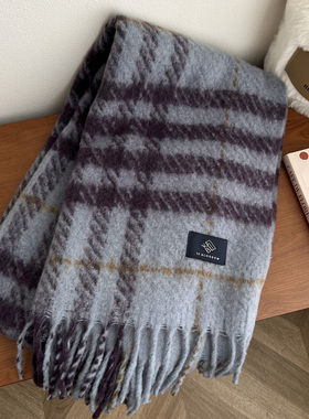 高颜值蓝色格纹围巾女秋冬韩版加厚保暖拼色围脖简约百搭学生披肩