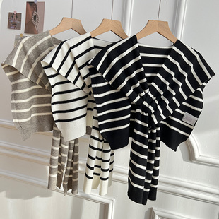 条纹披肩女韩版 小众设计交叉针织小坎肩春夏百搭显瘦叠穿围巾搭肩