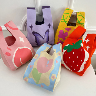 花朵手拎单肩包学生便携饭盒袋 原创韩版 小众风针织手提包甜美时尚