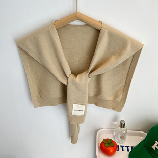 深色系卡其色布标小披肩外搭裙子衬衫女春秋季护颈叠穿打结假领子