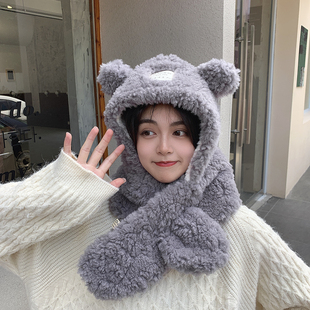 韩国小熊耳朵帽子围巾一体女生可爱保暖冬天毛绒加厚套头连帽围脖