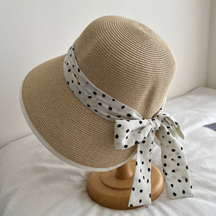 草帽女夏季 波点蝴蝶结飘带草编遮阳帽百搭出游度假防晒太阳帽 新款