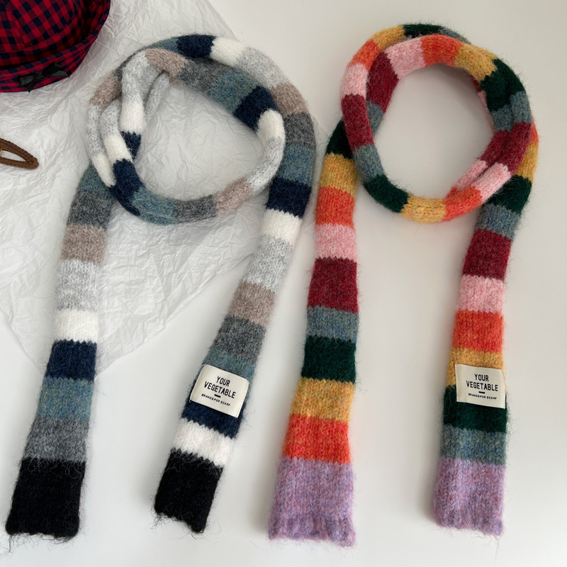 长款针织彩色细窄条纹围脖y2k