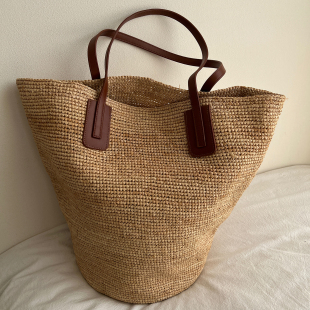 欧美时尚 度假通勤托特包 简约拉菲草手工编织包女大容量单肩包夏季