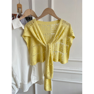 奶黄色镂空针织披肩外搭女夏季 配裙子小坎肩叠搭腰封屁帘 冰丝薄款