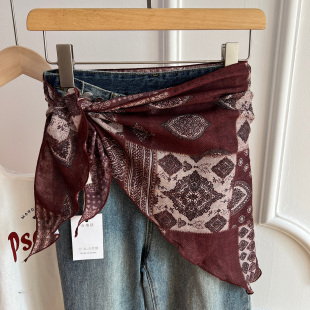 民族风复古花纹系腰屁帘双面丝巾女轻奢高级感腰间配饰三角巾腰带