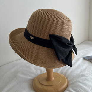 蝴蝶结草帽女士夏季 大檐卷边渔夫帽海边度假防晒帽可折叠遮阳帽子