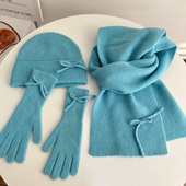氛围感蝴蝶结韩国纯色针织围巾手套帽子女秋冬保暖套装 防寒送礼款