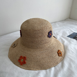 天然拉菲草刺绣小花渔夫帽女夏天海边防晒沙滩帽大帽檐草帽显脸小
